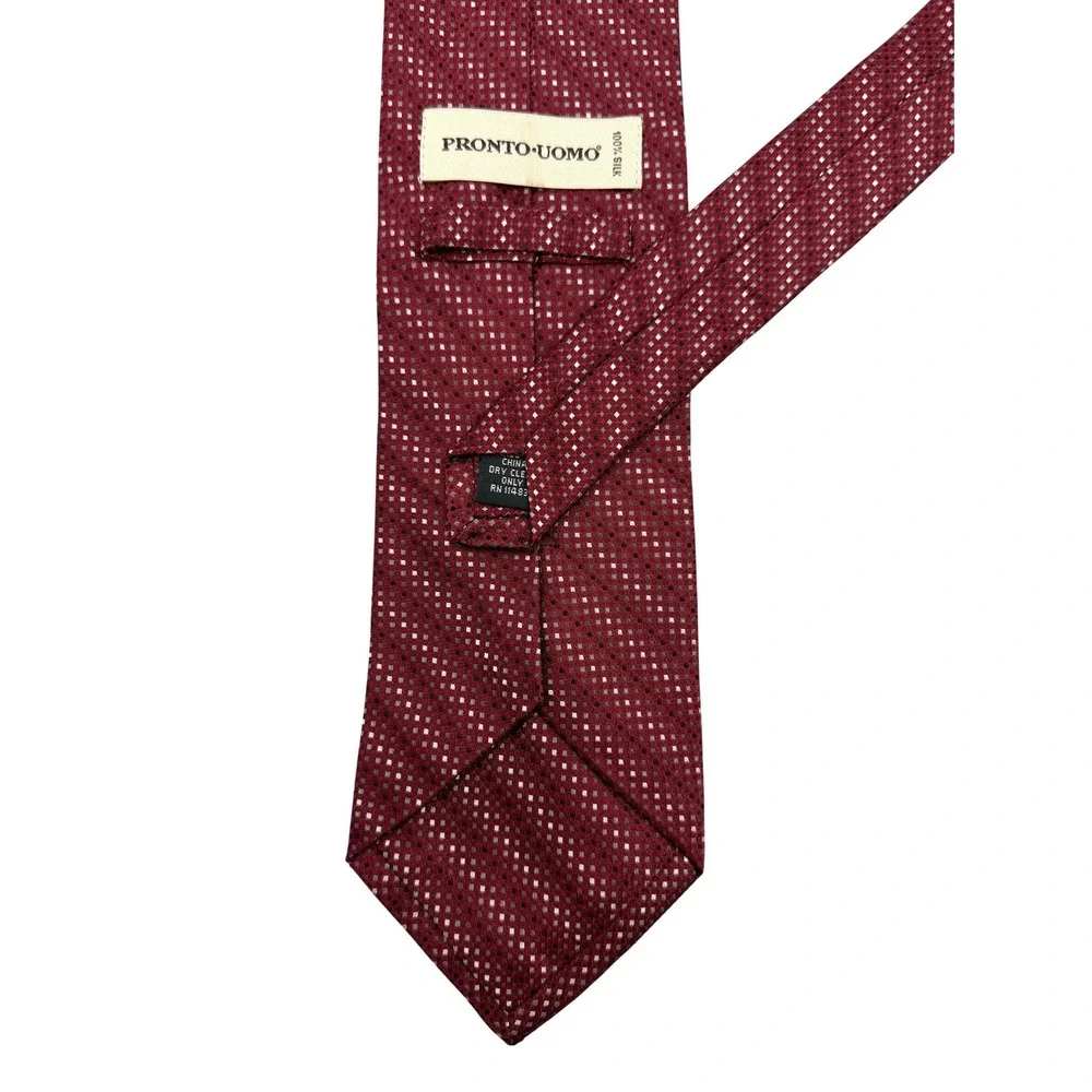 Pronto Uomo Necktie Mens Burgundy Geometric Micro-Square Stripe 100% Silk 58